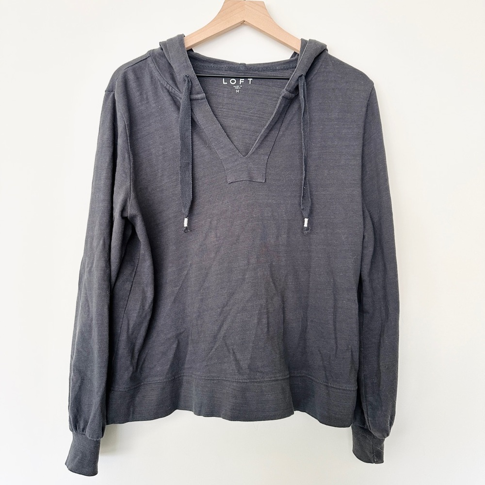 LOFT Navy V Neck Hoodie Knit Sweater Sweatshirt Top